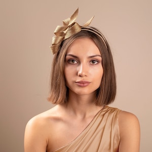 Modern gold fascinator, wedding guest fascinator, sculptural woman fascinator, couture millinery headpiece on double headband image 2