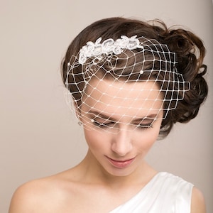 Petite birdcage veil with pearls and lace, wedding birdcage veil with embroidered lace, wedding birdcage floral lace veil image 1