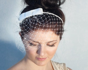 Wedding bow birdcage veil, ivory bridal birdcage on a headband, wedding pearl veil, veiled headband