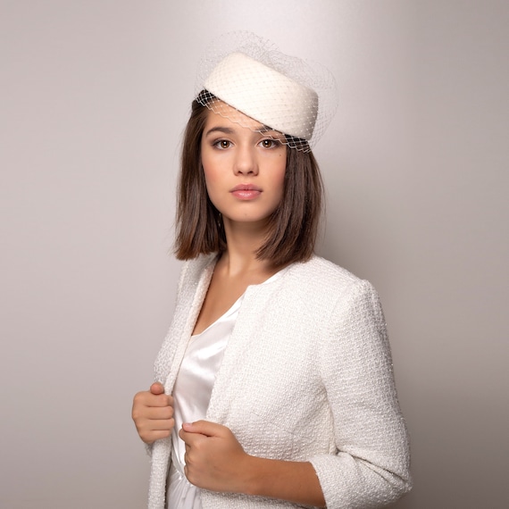 Bridal Pillbox Hat With Full Veil, Jackie Style Ivory Felt  display picture 3