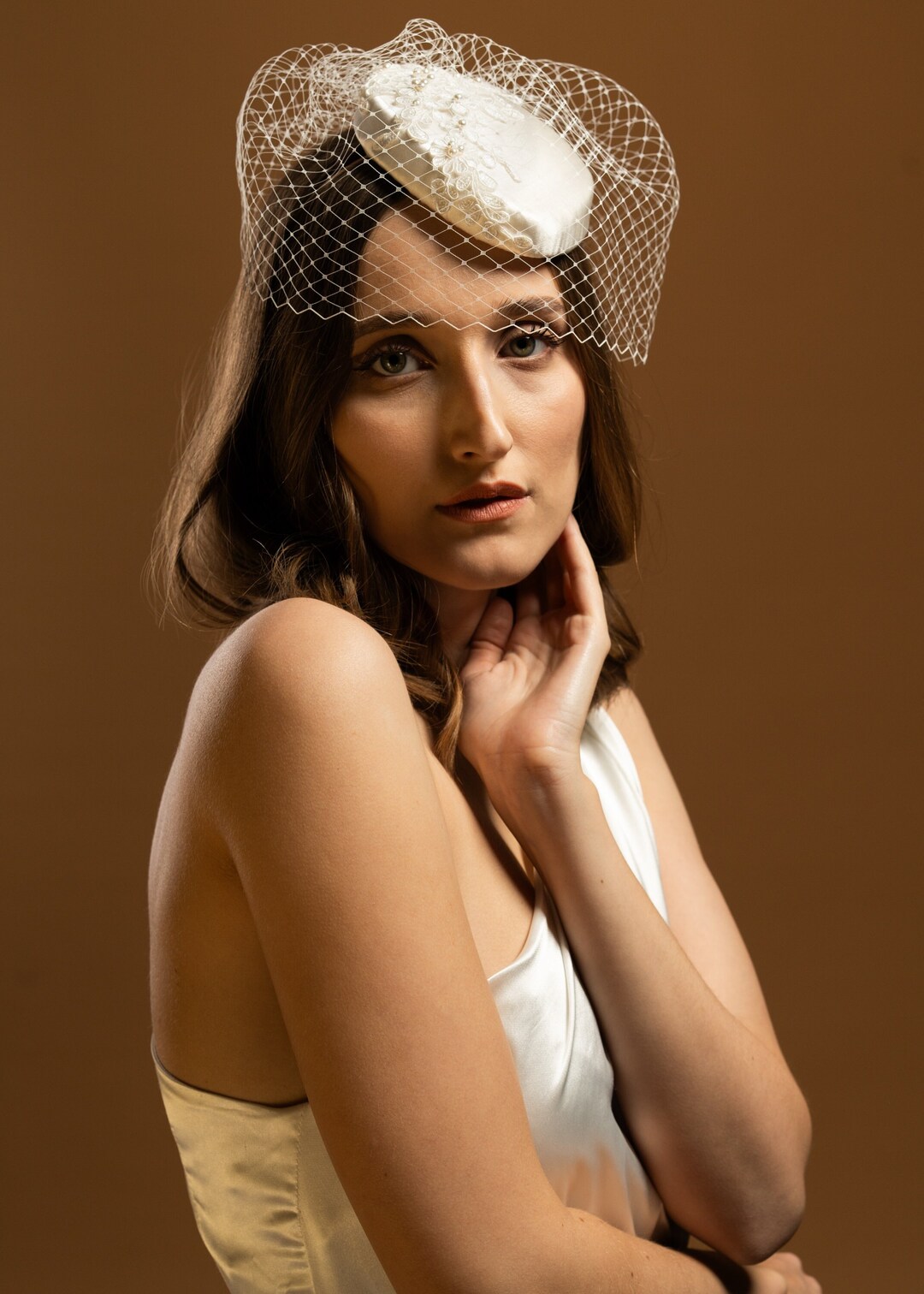 Bridal Silk Pillbox With Lace and Pearls, Bridal Pearl Beaded Hat