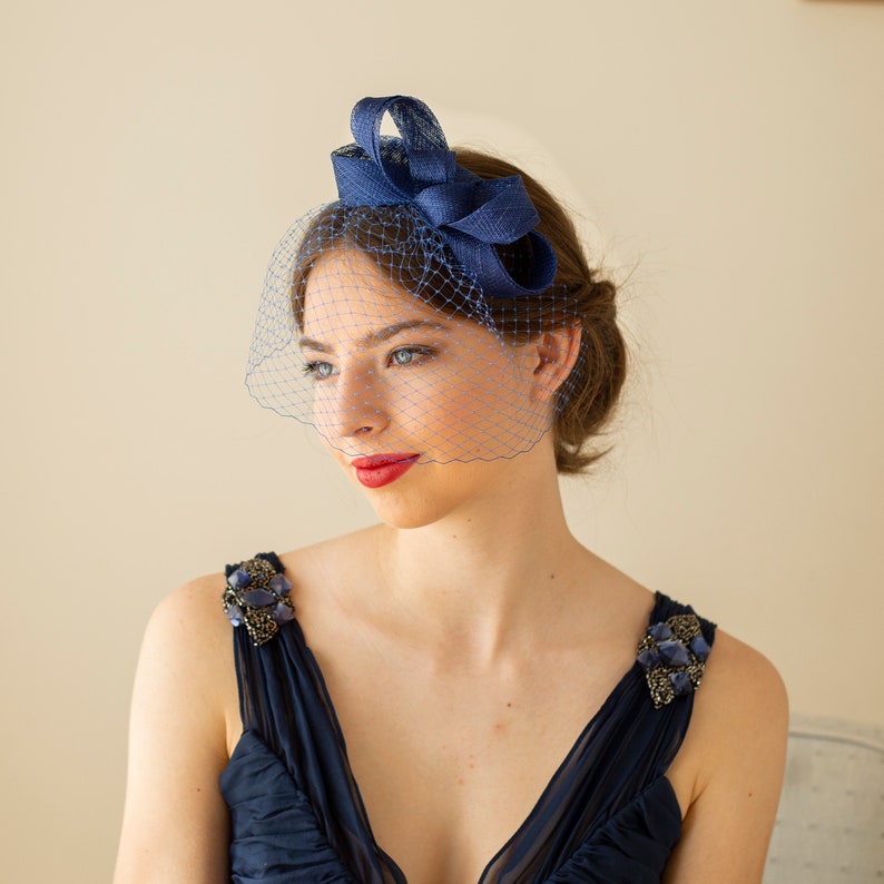 Royal blue fascinator with birdcage veil, blue wedding guest headpiece with veil in various colours image 3