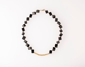 Natural onyx and brass necklace, semi-precious stones necklace, black onyx cube necklace, handcut stone necklace