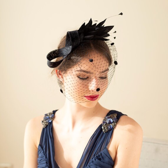 Black Feather Fascinator Birdcage – Elegant Headpiece With  display picture 2