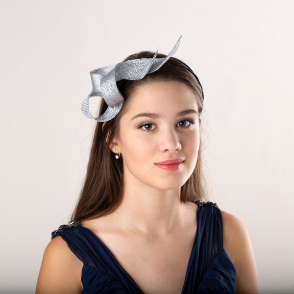 Silver swirl fascinator headband, wedding guest headpiece, women silver fascinator, millinery sculptural fascinator on double headband