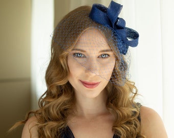 Royal blue wedding headpiece with birdcage veil, blue wedding guest fascinator with veil in various colours