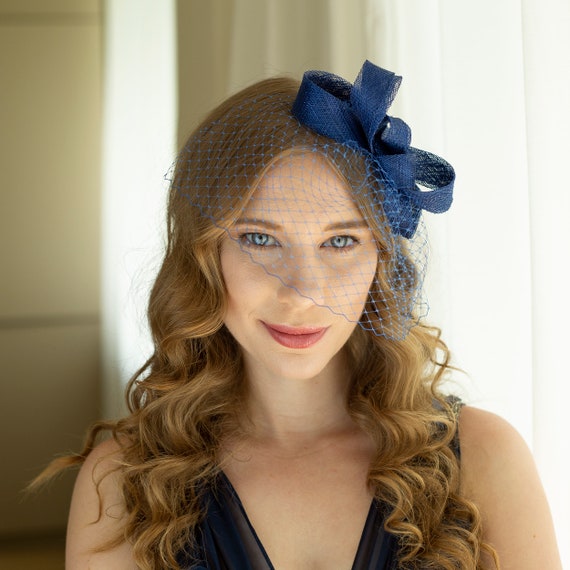 Royal blue wedding headpiece with birdcage veil, blue wedding guest fascinator with veil in various colours