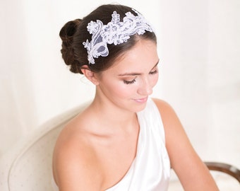 Bridal lace headband, white pearls lace headband, floral bridal headpiece