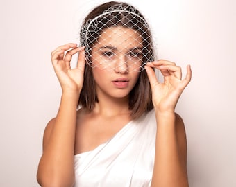 Ivory Birdcage Veil Headband: Nose-Length Bridal Veil, bridal blusher veil on comfortable headband