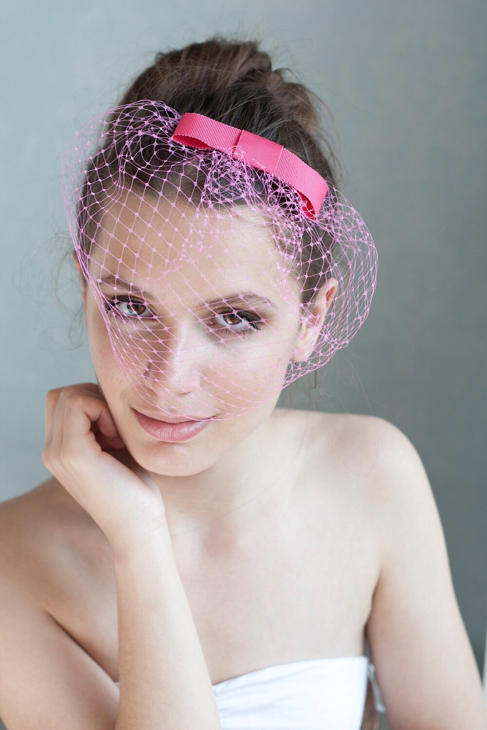 Vintage 1960s Pink Bow Birdcage Veil Fascinator Headpiece Shop Fascinator Hat - Vintage Rose Birdcage Veil Fascinator  main image 4