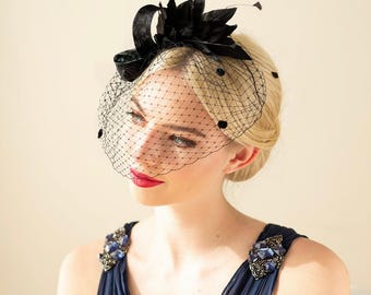 Black Feather Fascinator with Birdcage Veil for Wedding Guest, Formal Event Hairstyle, Occasion or Party