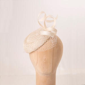 Bridal Veiled Pillbox with Swirls, Ivory Millinery Hat with abstract trimming, Elegant Cocktail Hat, Mother of bride hat wedding pillbox