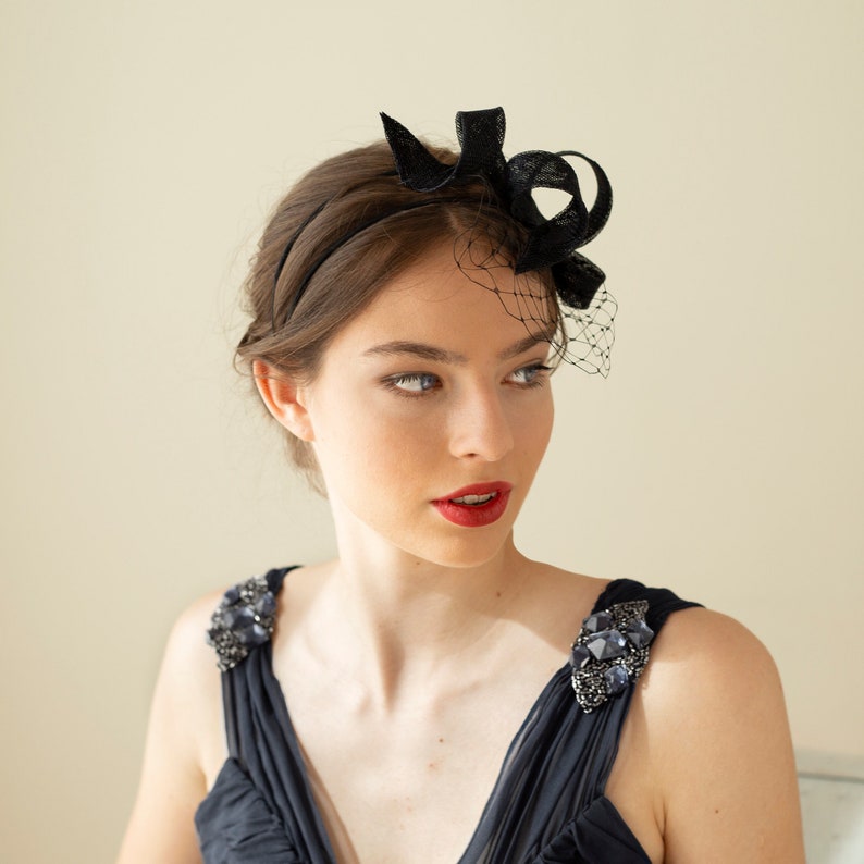 Modern black fascinator with netting on comfortable double headband, wedding guest bow headpiece in various colours image 2