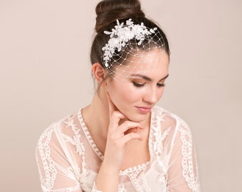 Floral lace birdcage veil in white or ivory, Petite birdcage veil with lace, Wedding birdcage veil with floral lace headpiece