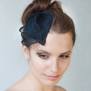 Millinery Sinamay Hat, Wedding Millinery Hat with black veil, Veiled Black Headpiece,Bridesmaid Fascinator image 1