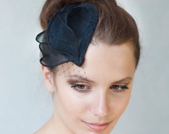 Millinery Sinamay Hat, Wedding Millinery Hat with black veil, Veiled Black Headpiece,Bridesmaid Fascinator