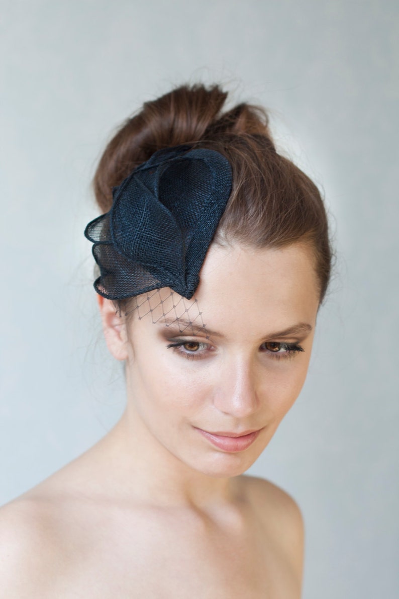 Millinery Sinamay Hat, Wedding Millinery Hat with black veil, Veiled Black Headpiece,Bridesmaid Fascinator image 1