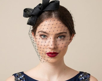 Black Bow Fascinator: Detachable Birdcage Veil Headpiece, Black Netting Veil, Short Birdcage in Black