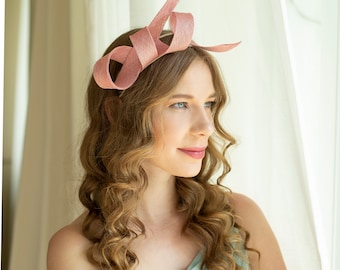 Dusky pink wedding guest fascinator on comfortable millinery headband, elegant women headpiece