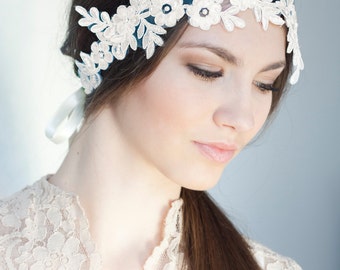 Bridal lace headband, ivory boho headband, boho chic bride, floral bridal headpiece