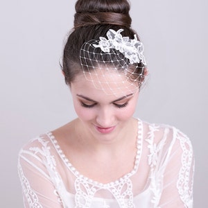 Petite lace birdcage veil, small veil with ivory silver lace, Wedding Veil image 1