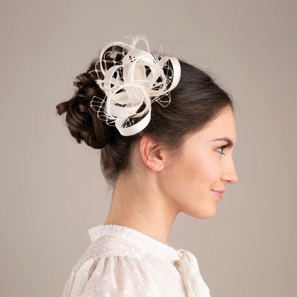 Wedding fascinator with feathers and veiling, romantic wedding headpiece, millinery bridal headpiece