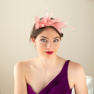 Modern feather crown headband in rose colour, special occasion pink feathers headpiece