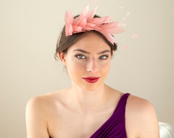 Modern feather headband in rose colour, special occasion feather headpiece