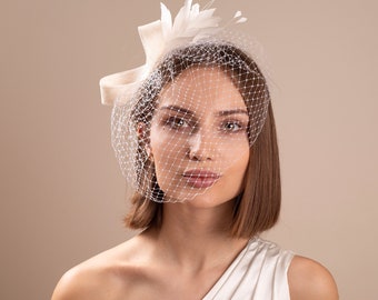 White Feather Bridal Fascinator: Modern Birdcage Wedding Headpiece