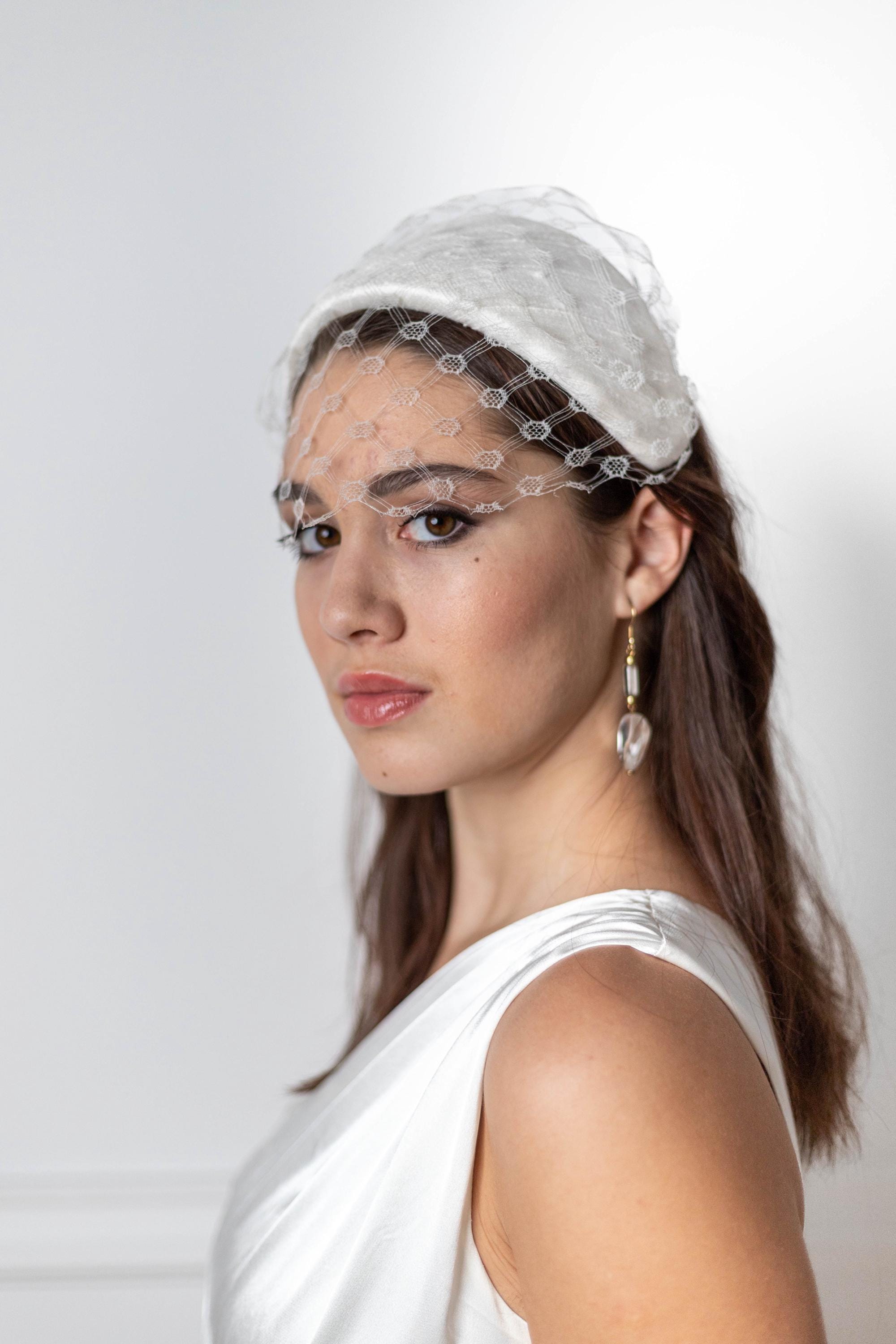 Vintage Veil Lace Headpiece Half Hat Pearls Wedding Embroidery Grace Kelly Grace Kelly main image 2