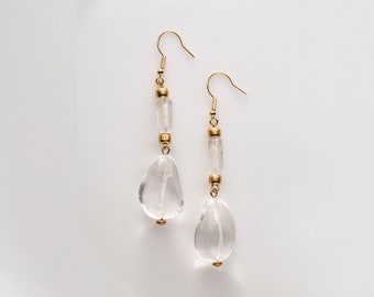 Boucles d’oreilles en cristal de quartz clair pour mariée, boucles d’oreilles remplies d’or en quartz semi-précieuses coupées à la main, boucles d’oreilles en cristal de mariée