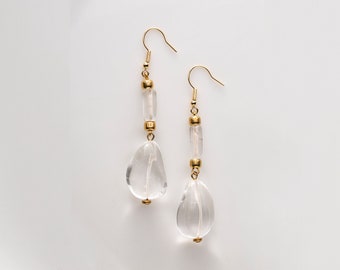 Pendientes colgantes de cristal de cuarzo transparente para novia, pendientes semipreciosos rellenos de oro de cuarzo cortados a mano, pendientes de cristal nupcial