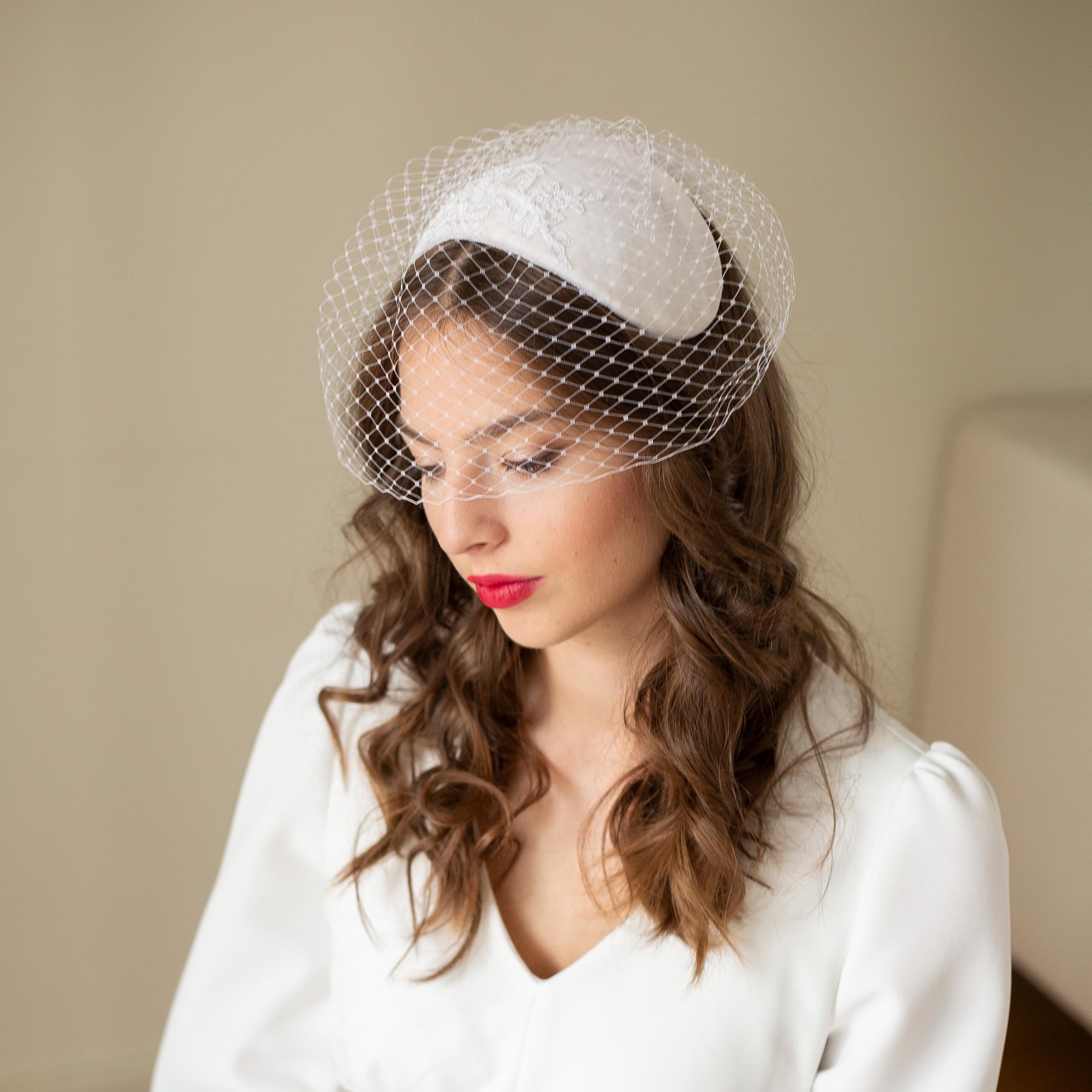 Vintage Ivory Fabric Hat Veil Bow Detail Womens Mid Century Cocktail Vintage Floral Headband Veil Hat, Whimsy Hat, Vintage Hat  main image 3