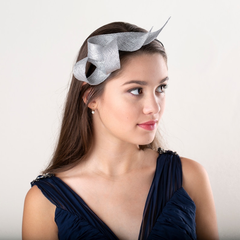 Silver swirl fascinator headband, wedding guest headpiece, women silver fascinator, millinery sculptural fascinator on double headband image 2