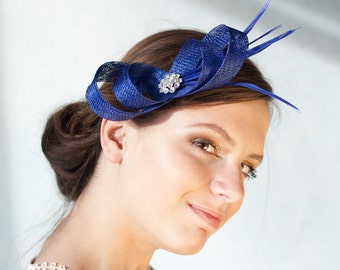 Royal blue fascinator with feathers, sinamay headpiece, bridesmaid fascinator