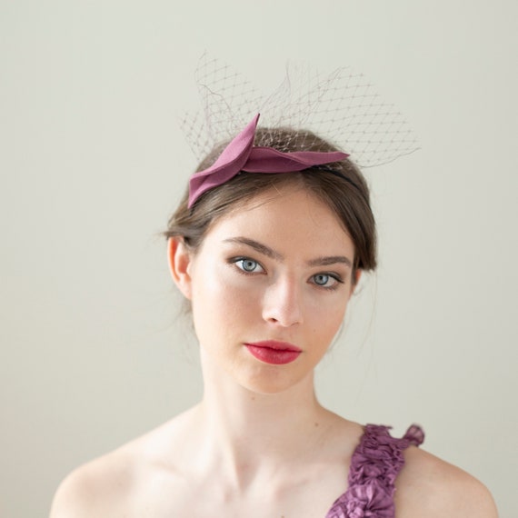 Felt leaves fascinator on headband, wedding guest headpiece in antique rose with taupe netting