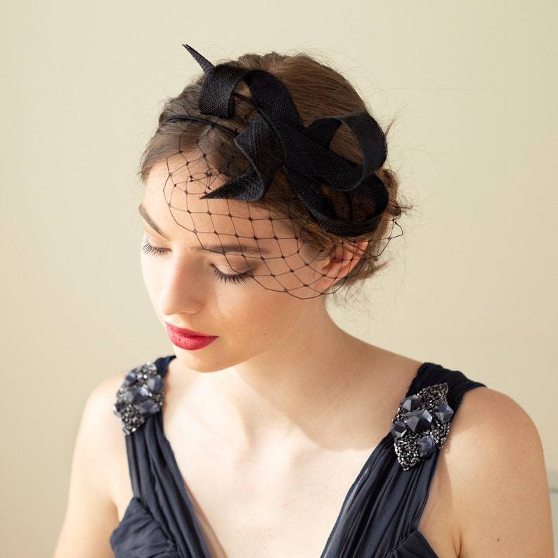 Modern black fascinator with netting on comfortable double headband, wedding guest bow headpiece in various colours image 3