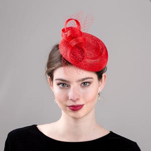 Red pillbox hat with netting trimming, bright red wedding hat for mother of bride or groom, Elegant Cocktail Hat, special occasion hat