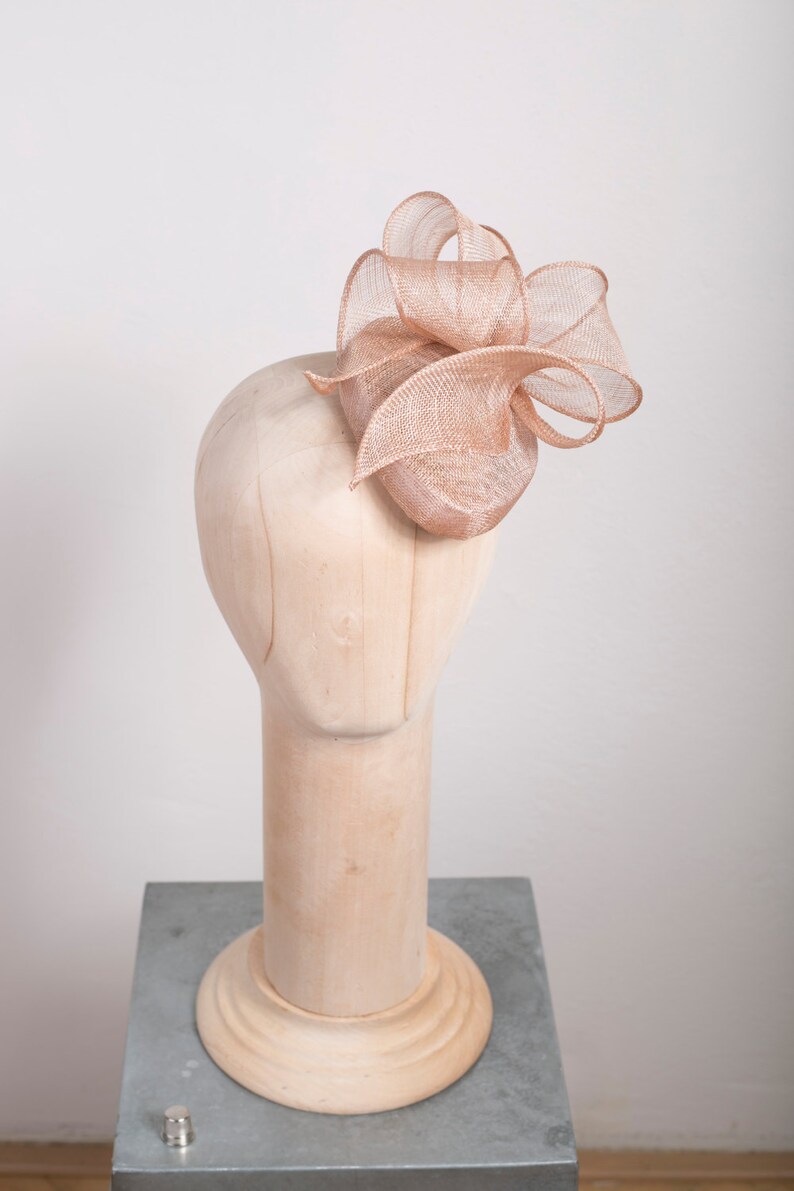 Millinery Sinamay Pillbox with Swirl Trimming, Almond Beige Cocktail Hat image 1