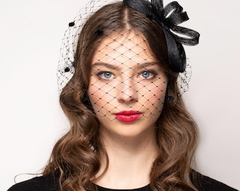 Black Bow Fascinator with Detachable Birdcage Veil, Statement Evening Couture Headpiece