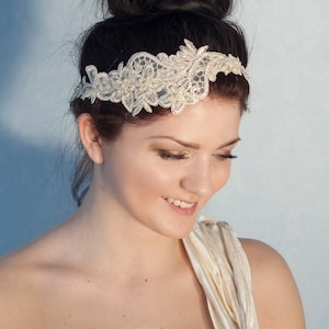 Bridal gold lace headband with pearls, boho headband, boho chic bride, bridal headpiece