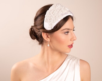 Beaded Lace Wide Bridal Headband in ivory, Grace Kelly Wedding Headpiece, 1950s Wedding Half Hat in ivory satin and lace