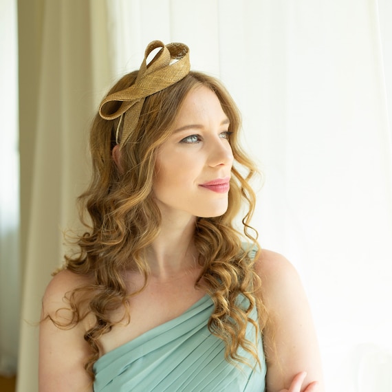 Metallic gold sinamay fascinator on a comfortable double headband, wedding guest fascinator, sculptural woman fascinator