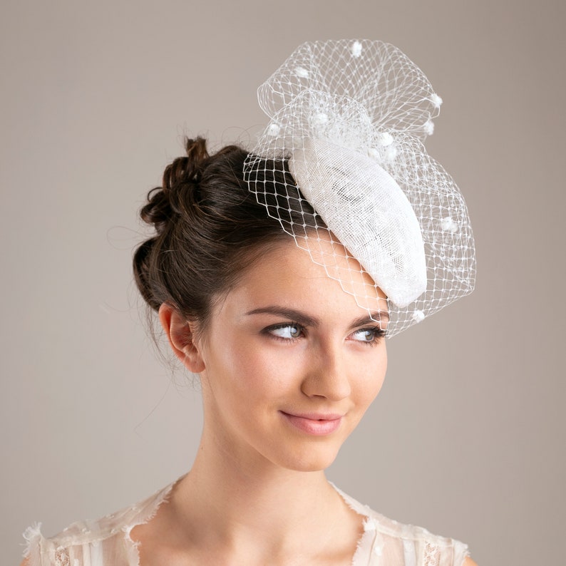 Veiled bridal hat in white, Elegant Chenille Dots Veiled Bridal Sinamay Hat, White Millinery Bridal Hat, White veiled hat for a bride image 2