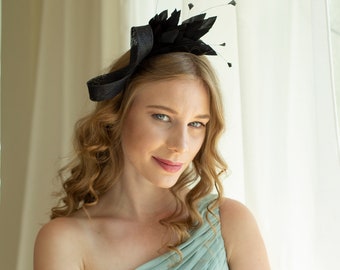 Modern feather spray fascinator in black, wedding guest feather headpiece in various colours
