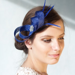Royal blue fascinator with feathers and rhinestone, women blue fascinator, wedding guest headpiece, blue feathers fascinator image 1