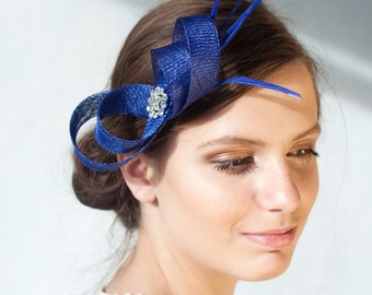 Royal blue fascinator with feathers and rhinestone, women blue fascinator, wedding guest headpiece, blue feathers fascinator