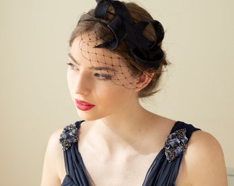 Modern black fascinator with netting on comfortable double headband, wedding guest bow headpiece in various colours