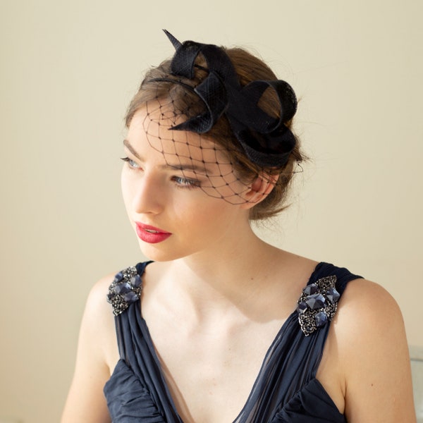 Modern black fascinator with netting on comfortable double headband, wedding guest bow headpiece in various colours