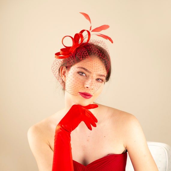 Red wedding birdcage with feather fascinator, bridesmaids statement veil headpiece, formal event red headpiece